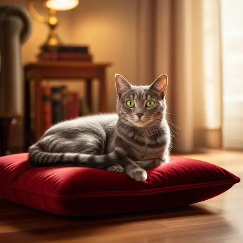 Gray Domestic Short-haired Cat on Red Velvet Cushion