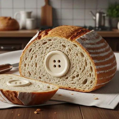 Button Found Inside Loaf | Rustic Kitchen Scene