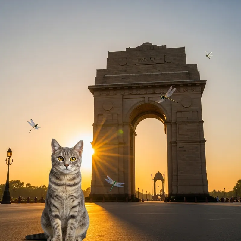 Grey Tabby Cat in Front of India Gate Grey Tabby Cat in Front of India Gate