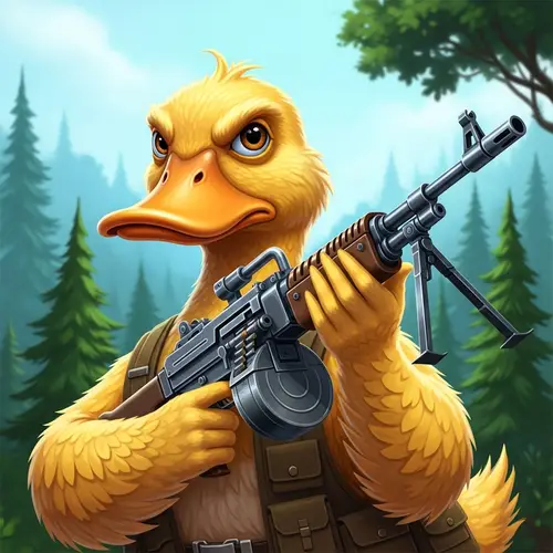 Anthropomorphic Duck Character with Machine Gun in Green Forest