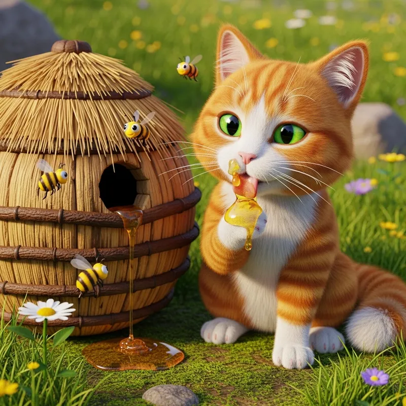 3D Cat Eating Honey Beside Beehive