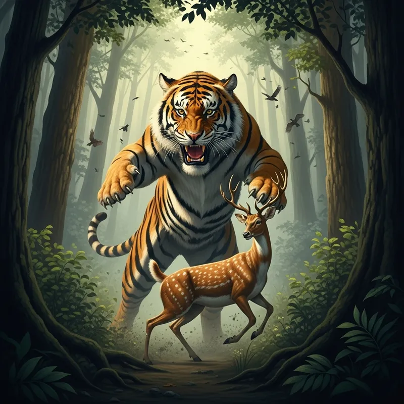 Dramatic Tiger Hunts Deer in Forest Scene Dramatic Tiger Hunts Deer in Forest Scene