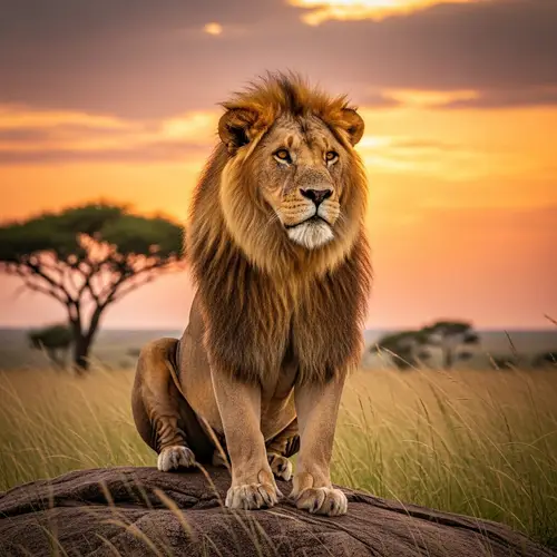 Majestic Lion with Golden Mane in African Savanna