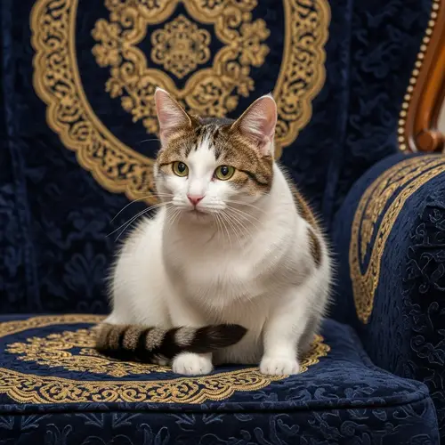 Vintage Style Armchair with Unique White and Brown Patched Cat