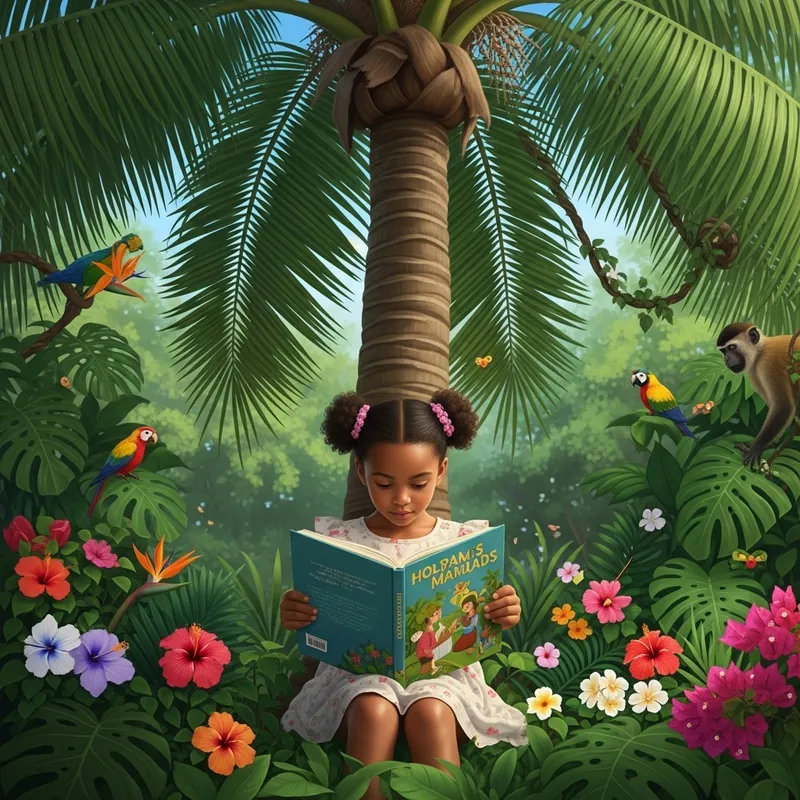 Multiethnic Little Girl Reading Book in Vibrant Tropical Environment