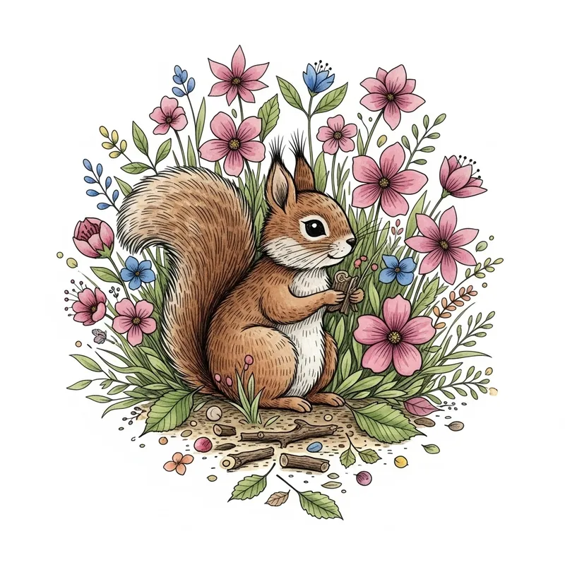 Whimsical Woodland Creature Among Vibrant Flowers - Nature-Inspired Illustration
