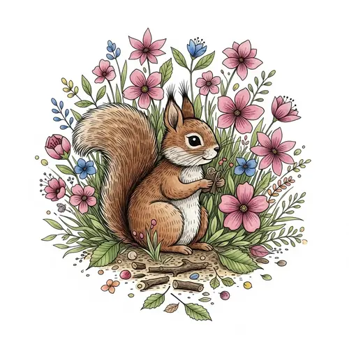 Whimsical Woodland Creature Illustration with Vibrant Flowers