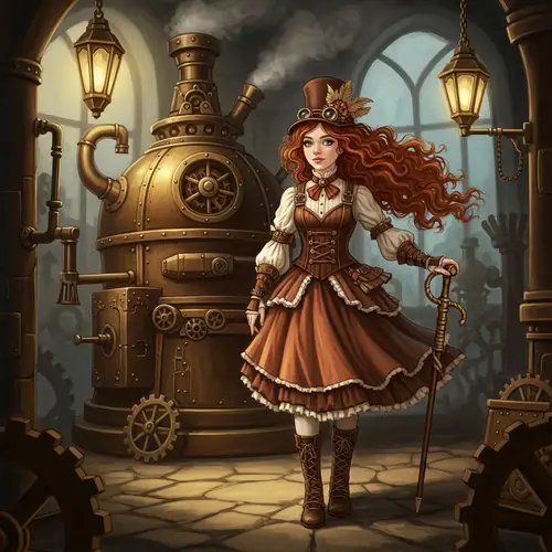 Steampunk-Inspired Girl with Flowing Red Curls and Intricate Steam-Powered Machine