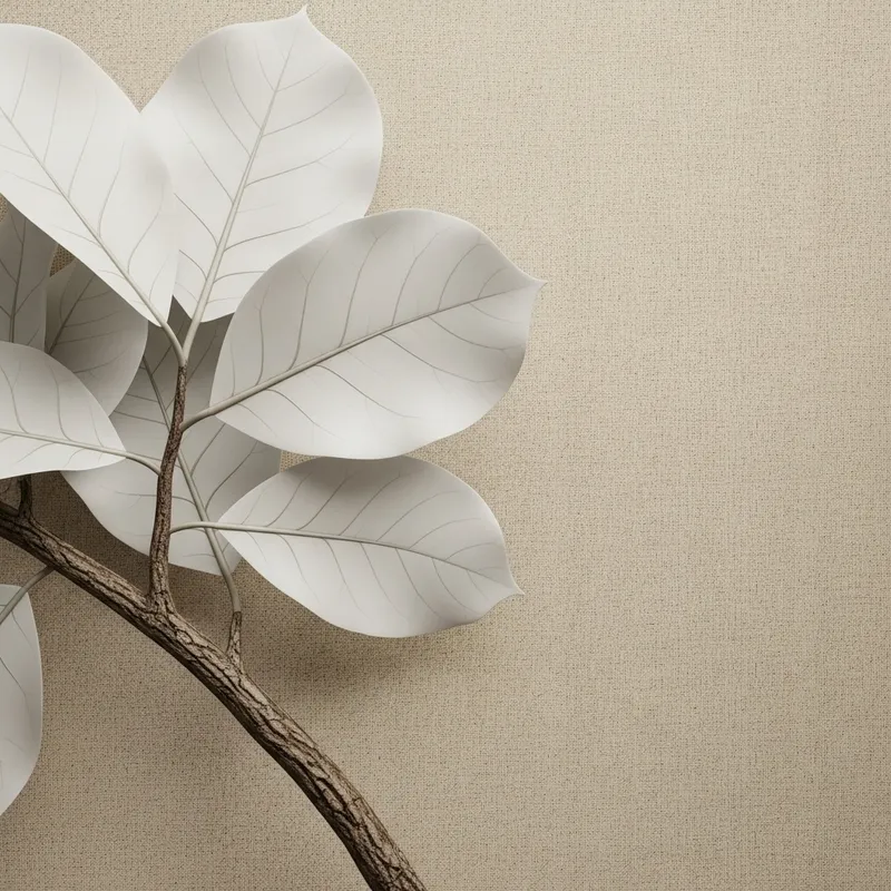 White Large Leaves on Branch, Beige Textured Background
