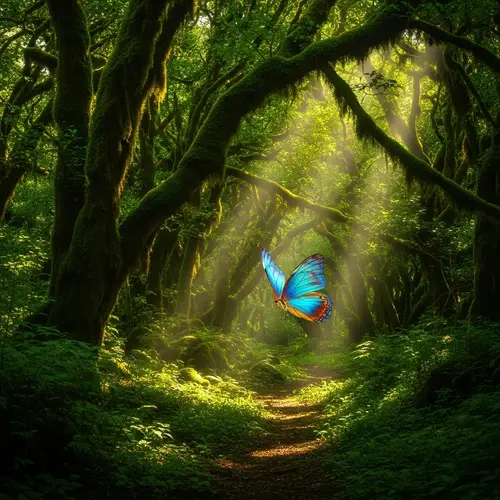 Vibrant Blue and Orange Butterfly Soaring Over Verdant Forest