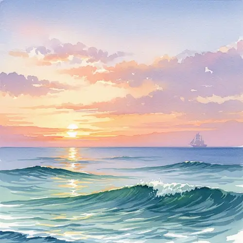 Tranquil Watercolor Seascape with Sunset Sky | Serene Ocean View