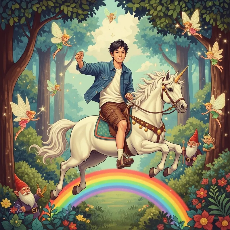 East Asian Man Riding Unicorn