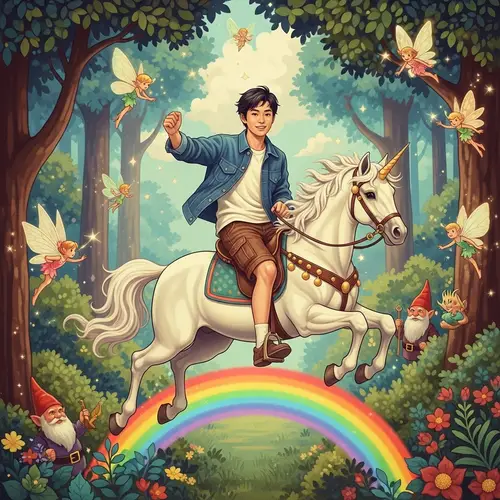 Vintage Style Illustration: East Asian Male Riding Unicorn in Enchanted Forest