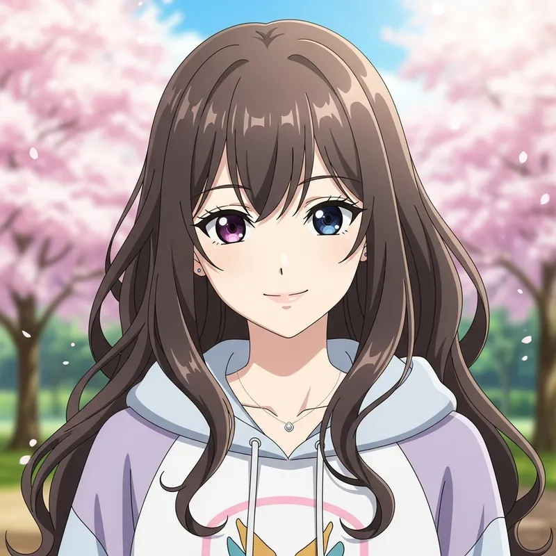 Mexican Anime Style Girl with Long Dark Brown Hair and Unique Purple Blue Eyes