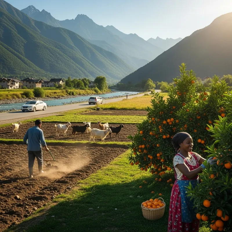 Serene Rural Life: Majestic Mountains, Grazing Goats, and Citrus Harvesting