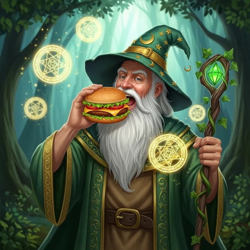 Green Wizard Enjoying a Delicious Hamburger Green Wizard Enjoying a Delicious Hamburger