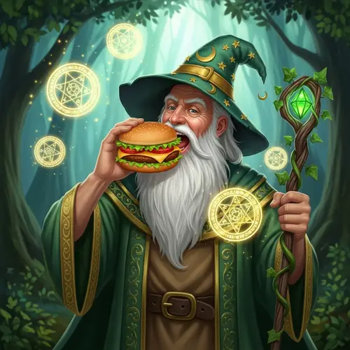 Green Wizard Enjoying a Delicious Hamburger