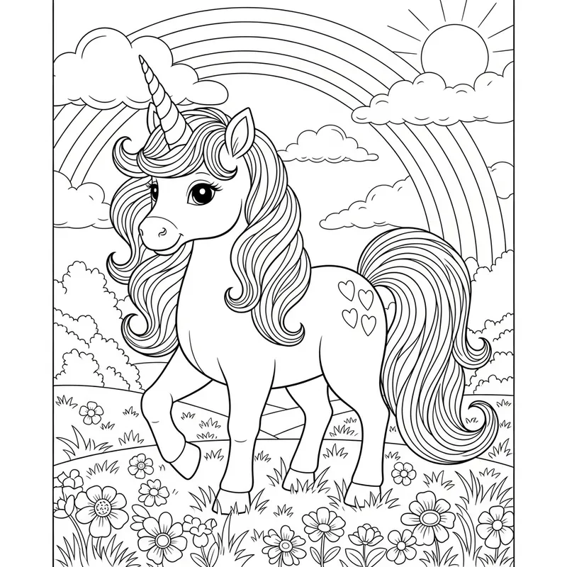 Detailed Coloring Page: Cute Unicorn in Scenic Meadow