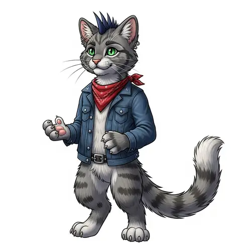 Punk Rock Humanoid Cat in Grey Fur - Unique Hybrid Creature