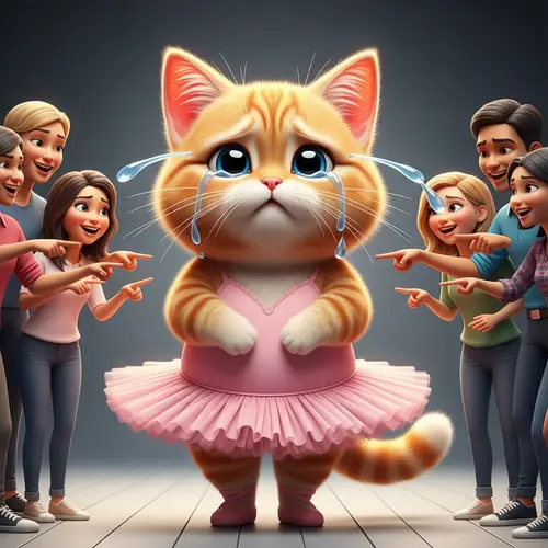 Adorable Cartoon Ginger Cat Crying in Pink Ballerina Dress