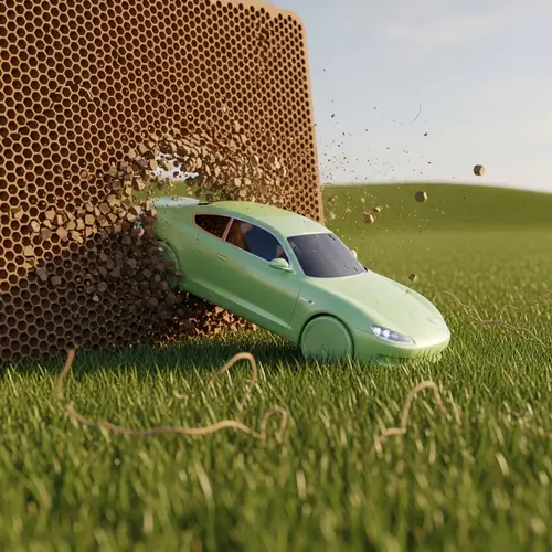 Elegant Light Green Car Bursting Through Brown Honeycomb Board