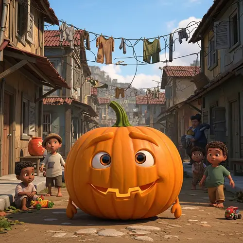 Warm Smiling Pumpkin in Poor Neighborhood - Camaraderie & Resilience