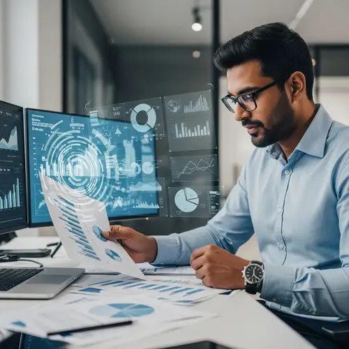 Focused South Asian Male Entrepreneur Studying Business Graphs