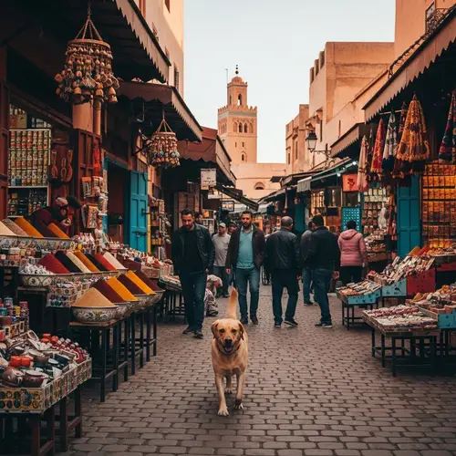 Energetic Labrador Retriever Running in Vibrant Moroccan Streets