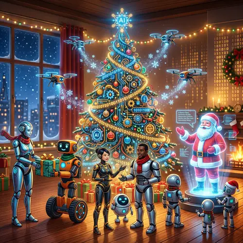 Festive Christmas Scene with AI Robots and Holographic Santa