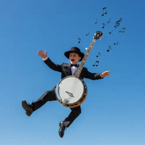 Vintage Banjo Leaping in Air - Musical American Culture Art