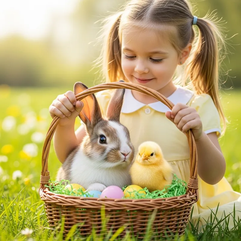 Easter Bunny and Chick Cuddling in Basket with Young Girl