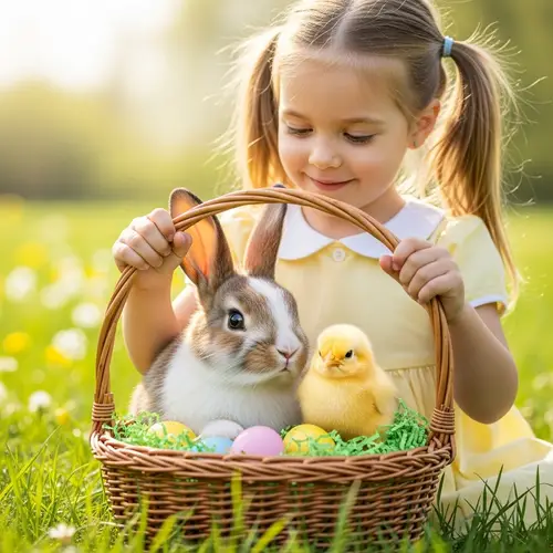 Adorable Easter Bunny and Chick Cuddling in Basket