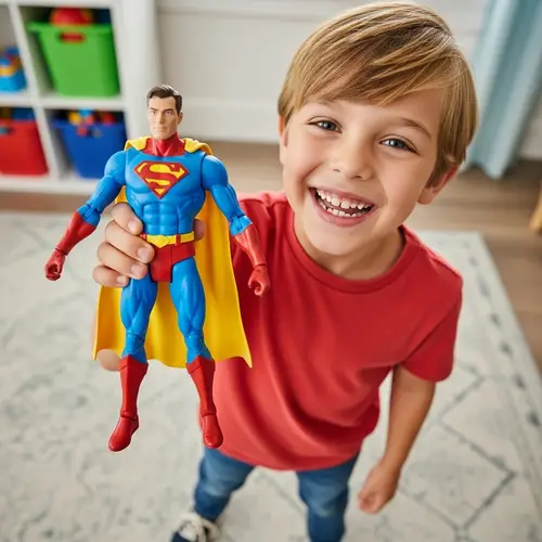 Joyful Seven-Year-Old Blond Boy with Favorite Superhero Toy