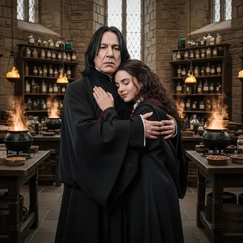 Severus Snape Embracing Girl in Dimly Lit Hogwarts Room