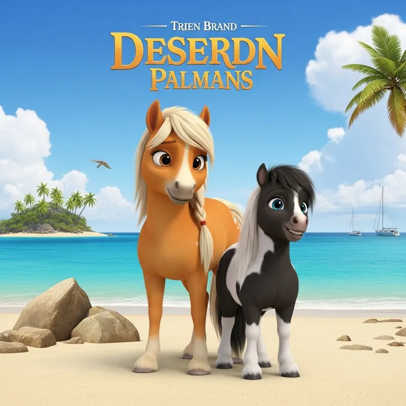 Haflinger Mare & Shetland Pony on Deserted Island: Animated Pixar Poster