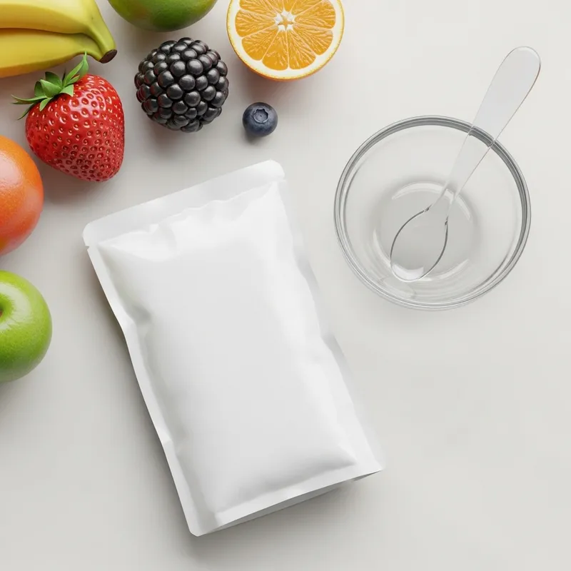 Baby Food Pouch with Fresh Fruits and Spoon | Mealtime Scene Baby Food Pouch with Fresh Fruits and Spoon | Mealtime Scene