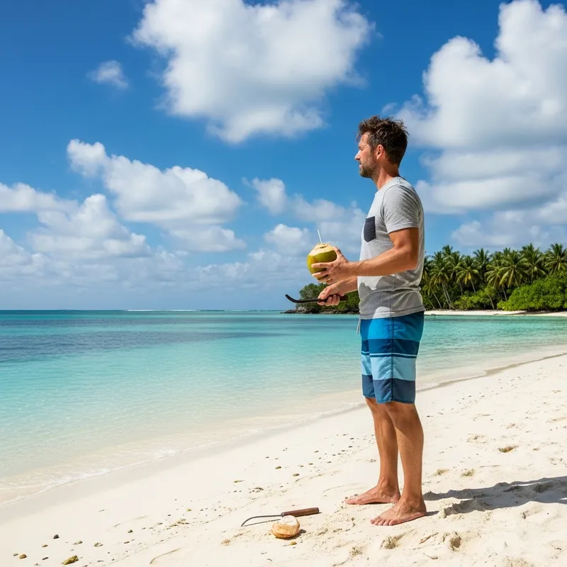 Island Man Enjoying a Fresh Coconut on White Sandy Beach Island Man Enjoying a Fresh Coconut on White Sandy Beach