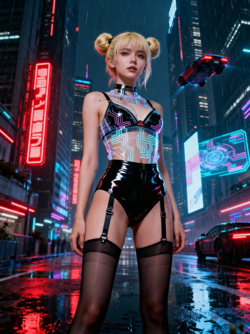 Cyberpunk Model Portrait in Neon Cityscape