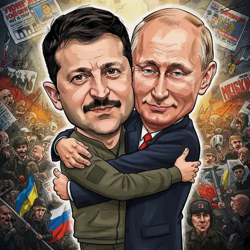 Zelensky and Putin Caricature Hugging Each Other