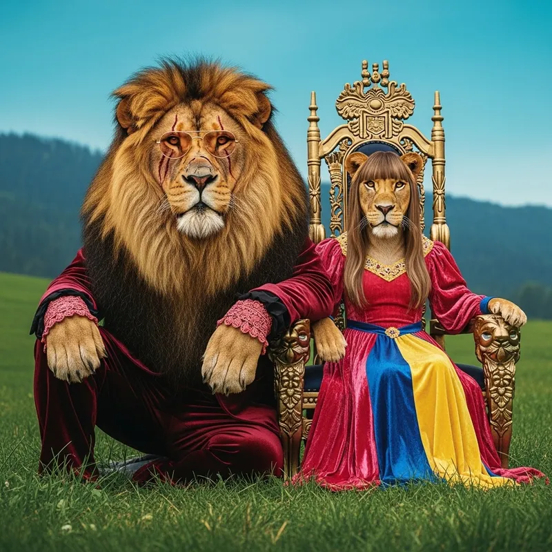 Majestic Alpha Lioness & Lion in Velvet Attire | Enchanted Fantasy Scene
