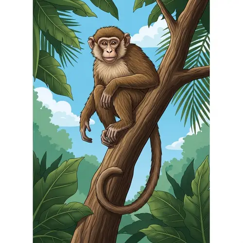 Detailed Illustration of Playful Monkey on Jungle Tree Branch