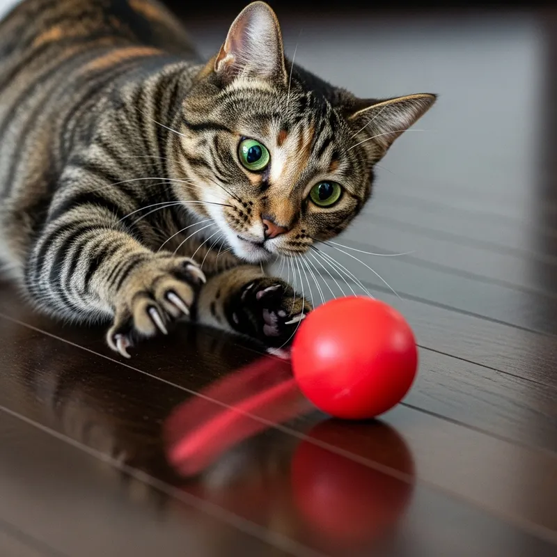 Playful Tabby Cat Playing with Red Ball