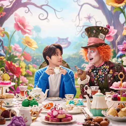 Asian Jungkook and Taehyung as Alice and Mad Hatter in Wonderland