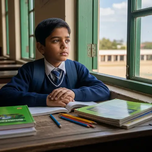 Dreamy South Asian Boy Looking Out Window at School