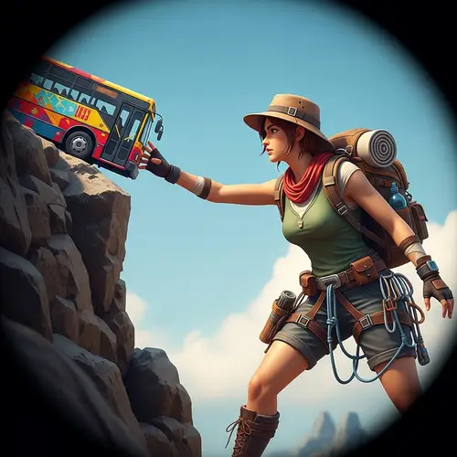 Giantess Adventurer Devouring Bus in Vibrant Pop Art Scene