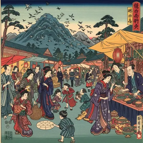 Vibrant Japanese Woodblock-Inspired Market Scene