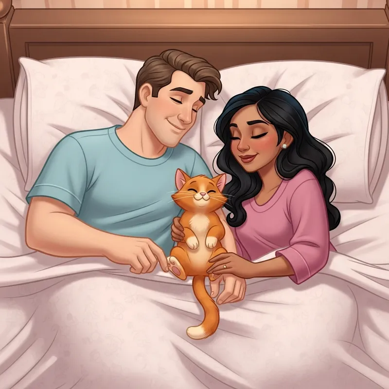 Disney-Style Couple Resting in Bed with Playful Orange Cat