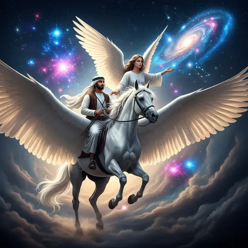 Arabic Man Riding White Winged Horse with Angel - Wonders of Creation
