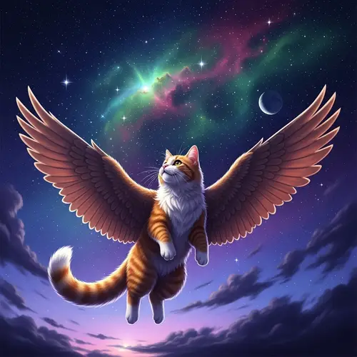 Flying Cat Soaring Through Star-Studded Sky