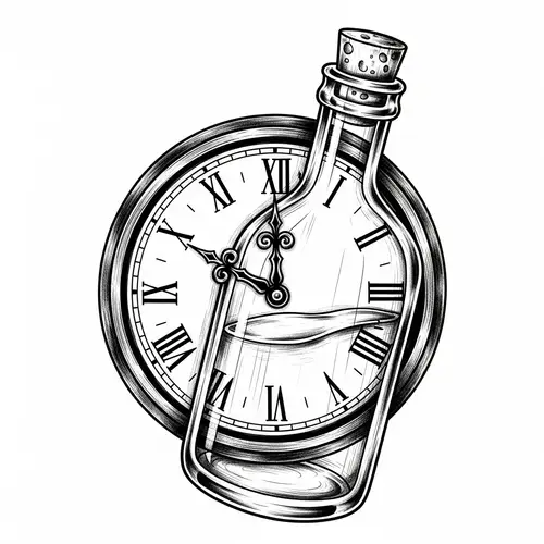 Vintage Clock and Bottle Tattoo Design